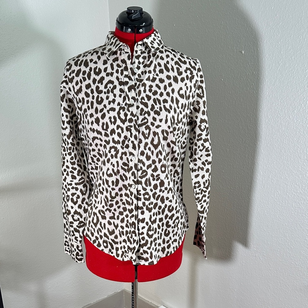 J. Crew Linen Leopard Print Button Down Shirt - Brown and Off-White